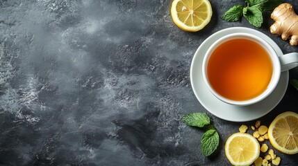 Cup of herbal tea with lemon and mint on a dark stone surface