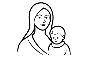 mom and baby black line art style silhouette vector illustration