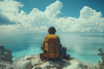 Fototapeta premium Man sitting on a rock overlooking the ocean, travel concept