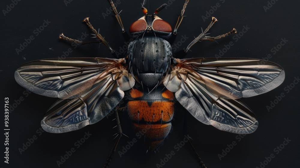 Poster a close-up view of a fly sitting on a black surface