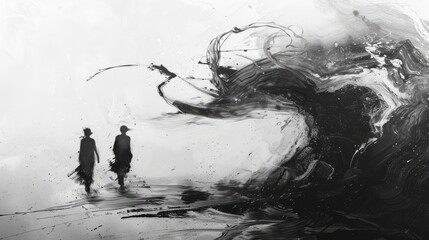 Obraz premium Black and white illustration couple in love abstract art romantic minimalistic background 