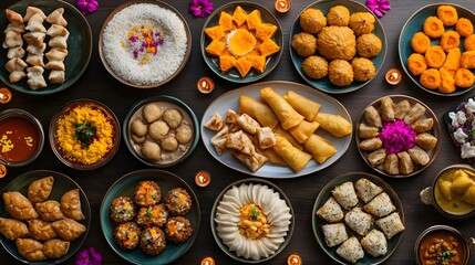 Traditional Indian food platter surrounded by festive candles and decorations