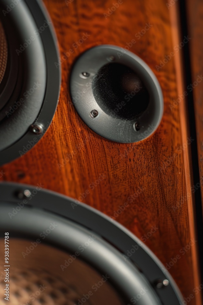 Poster a close-up shot of a speaker on a wooden surface, ideal for use in music-related or tech-themed proj
