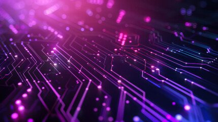 Fototapeta premium Abstract background. Close-up of a chip with techno lines in neon purple color. Technology concept.