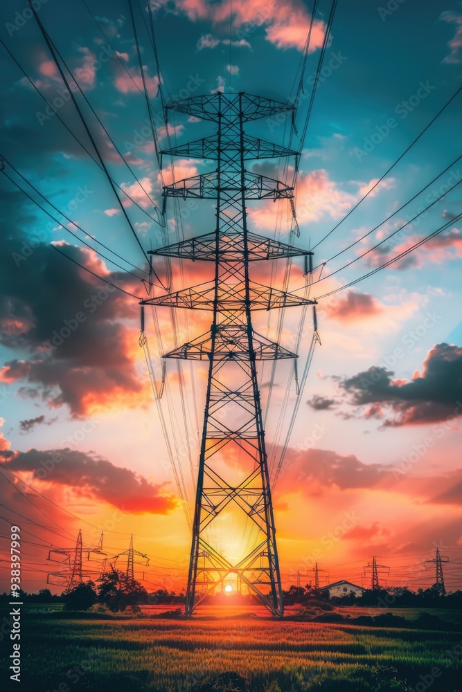 Poster sunset landscape with power lines in the foreground