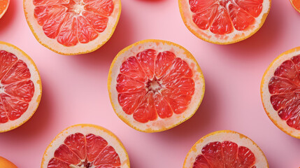A top-down image of pink grapefruit slices isolated against a pink background. Produce. Sour citrus fruit.