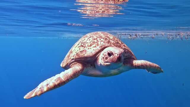 Large female green sea turtle slowly swimming on a tropical Indian Ocean coral reef 