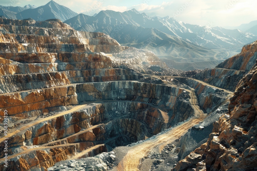 Aufkleber A large open pit in the midst of a mountain landscape, suitable for use as a background or reference image