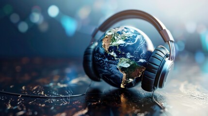 A globe wearing headphones, symbolizing global connectivity and communication.