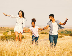 child daughter family happy mother father running active healthy carefree fun together girl walking cheerful field outdoor natur summer