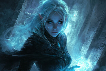powerful elf mage with glowing blue energy in hand, surrounded by ancient ruins and preparing to unleash a powerful spell