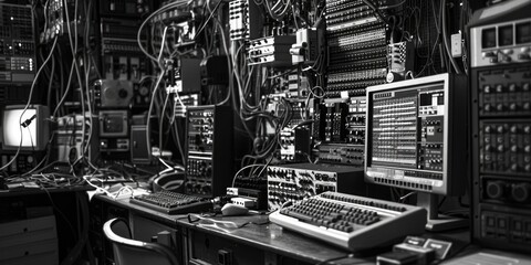 A collection of old electronic devices in black and white
