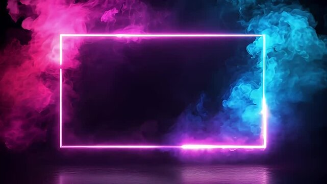 Dual Neon Glow: A striking pink and blue neon rectangle glowing brightly against a dark background, with soft smoke swirling around, creating a vibrant and mysterious atmosphere.