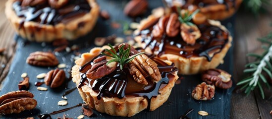 Fototapeta premium Tartlets With Caramelized Nuts On Table Closeup Tasty Dessert