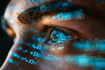 A person's eye is shown in a blue and white digital image