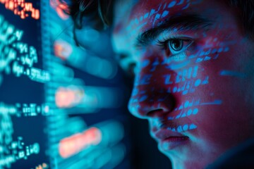 A man is staring at a computer screen with a blue background and red numbers