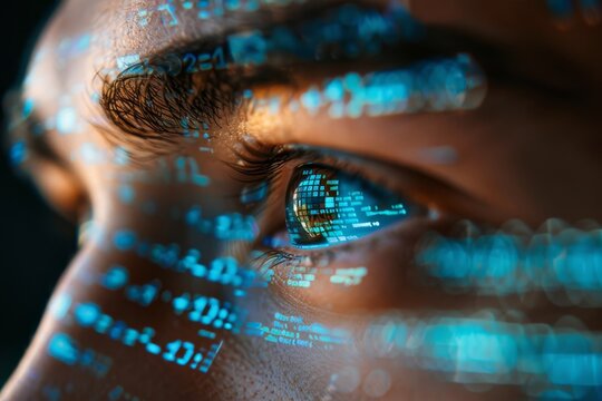 A person's eye is shown in a blue and white digital image