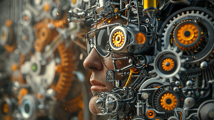 Fototapeta premium A man with a cybernetic body, intricate metal parts covering his back and shoulders.