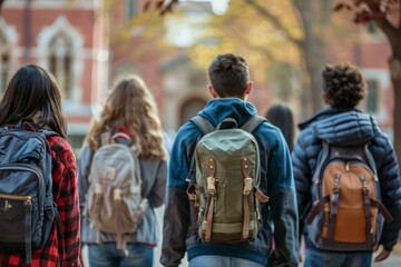A group of students walking down a street with backpacks