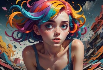 Obraz premium Surreal woman with vibrant rainbow colored hair surrounded by swirling debris, blending dynamic energy with creative expression in a mesmerizing visual effect, Generative AI.
