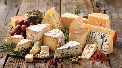 A variety of cheeses are displayed on a wooden table, including blue cheese