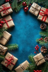 Festive gift arrangement with decorations on a blue background during the holiday season