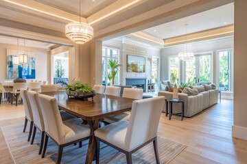 A large, open living room with a dining table and chairs