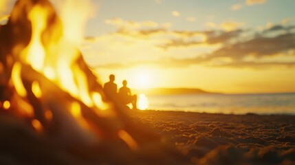 A tranquil sunset beach scene with a couple by a campfire, enjoying a peaceful moment as the sun sets over the horizon.