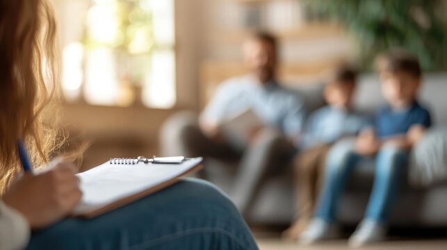 A therapist conducts a family counseling session, with a mother taking notes while children sit on the couch, creating a supportive space.