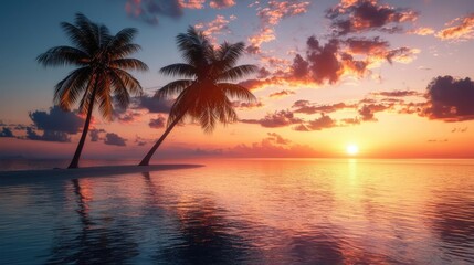 Serene sunset over tranquil waters, with palm trees silhouetted against a colorful sky, creating a perfect tropical paradise.