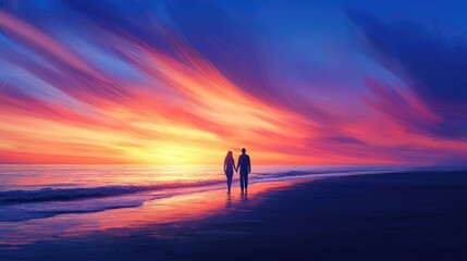 A serene sunset over the beach, with a couple walking hand in hand along the shore, creating a romantic atmosphere.