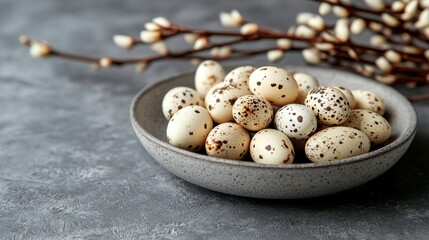 Obraz premium Quail eggs arranged on a plate with greenery for a festive table setting during spring