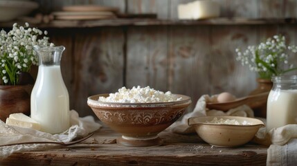 A wooden table with a bowl of cheese and a jug of milk