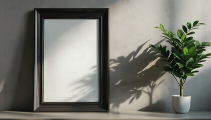 flowers and plants  with empty black poster frame for mockup