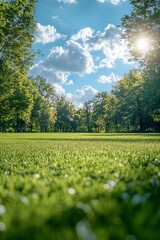 Fototapeta premium Vibrant grassy field in autumn with colorful foliage under a blue sky