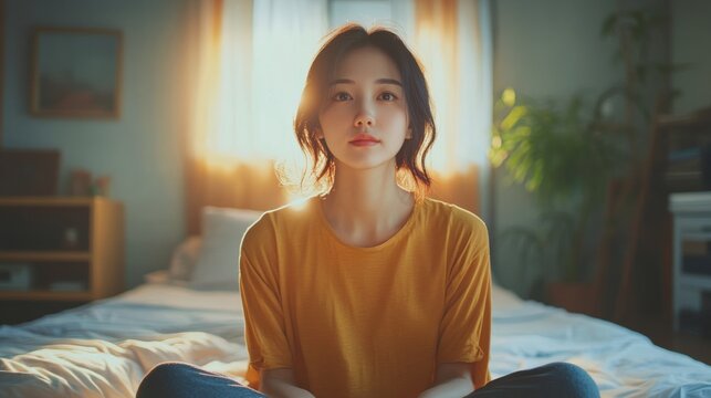 Woman meditating peacefully in a bright room filled with plants - Powered by Adobe