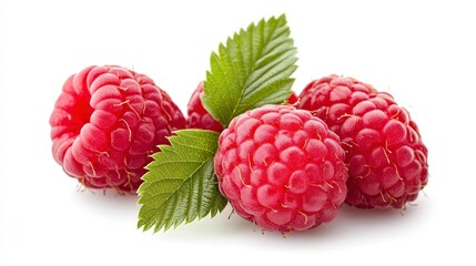 Three ripe raspberries with green leaves isolated on white background.