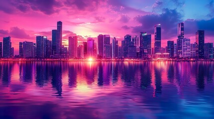 Fototapeta premium Vivid urban skyline with water reflections at dusk perfect for city-themed wallpapers