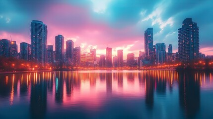 Fototapeta premium Lively cityscape mirrored in calm water at twilight ideal for vibrant urban backgrounds