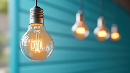 A close-up view of an illuminated light bulb hanging from the ceiling, glowing warmly and creating a cozy ambiance in the room with a blurred turquoise background.