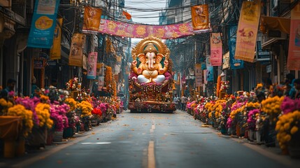 Fototapeta premium Grand Ganesh idol paraded through a street adorned with colorful flowers