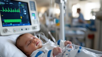 This image shows a hospitalized infant in a medical setting, equipped with various monitoring devices, conveying a sense of care and advanced healthcare systems in place for infant patients.