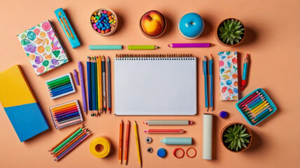 school and office supplies. colored pencils, pen, paints, paper for school and student education on pink background. top view with copy space