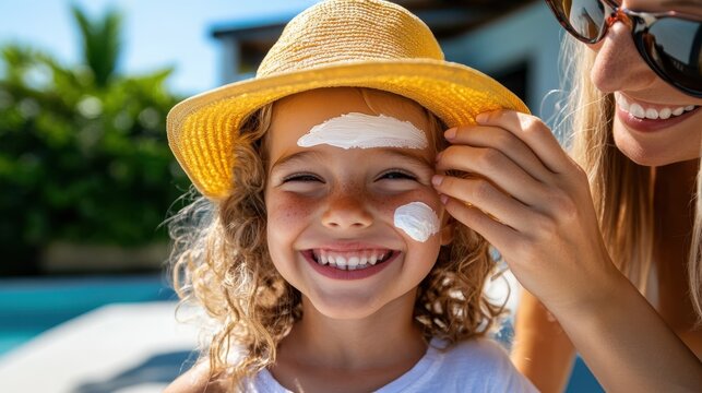A young girl with a big smile, wearing a yellow summer hat and having sunscreen applied to her face, enjoying a sunny day by the pool, symbolizing fun and sun safety.