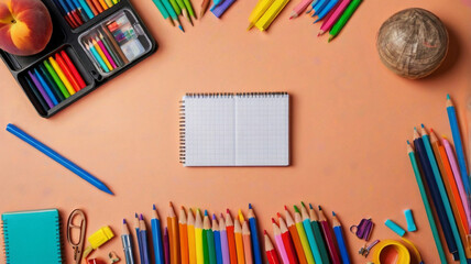 school and office supplies. colored pencils, pen, paints, paper for school and student education on pink background. top view with copy space
