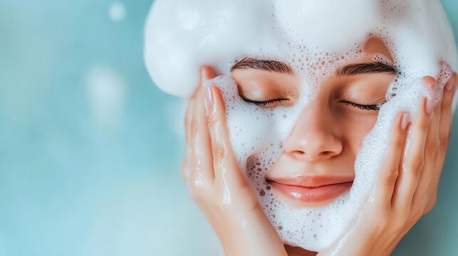 Cleansing the face with a foaming mousse, skincare, luxurious lather