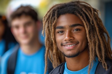 Young man with dreadlocks smiling in a group setting