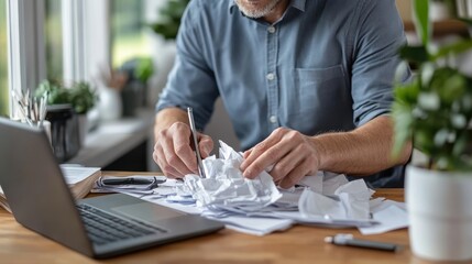 This image depicts a man working at a cluttered desk filled with crumpled papers, signifying stress and frustration, while he writes on a piece of paper near a laptop.