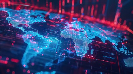 A digital world map with glowing blue lines and points on a dark background.