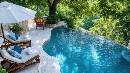 A serene infinity pool scene surrounded by lush greenery, providing a secluded and tranquil atmosphere for ultimate relaxation and luxury amid a natural setting.